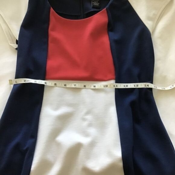 ASHRO-WOMENS RED-WHITE-BLUE MIDI BACK ZIP-UP CLOSURE CREW NECK DRESS SIZE SMALL - Picture 5 of 5